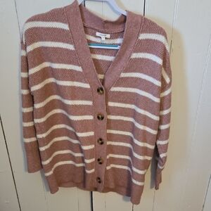 Maurices Dusty Pink and White Striped V-Neck Button Cardigan
